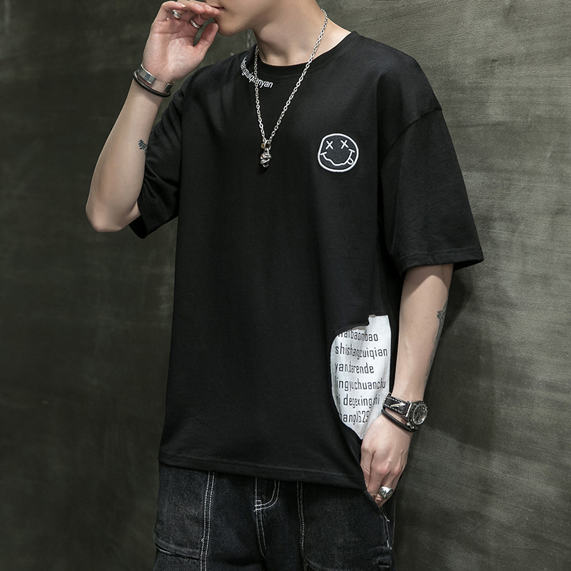 Kurzarm-T-Shirt mit besticktem Lächeln-Gesicht für den Sommermodetrend für Herren, Oberteil mit Kontrastfarbe, lockere Fünf_voghion.com