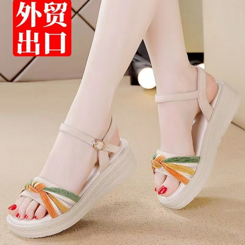 Foreign Trade Cross-Border Brand Off-Size Soft Leather Women's Sandals Summer Wedge Platform Thick-Soled Height-Increasing Shoes Non-Slip Fashion Sandals for Women