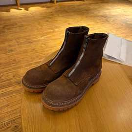 牛皮版~2024秋冬新款前拉链马丁靴女厚底复古磨砂真皮英伦风短靴