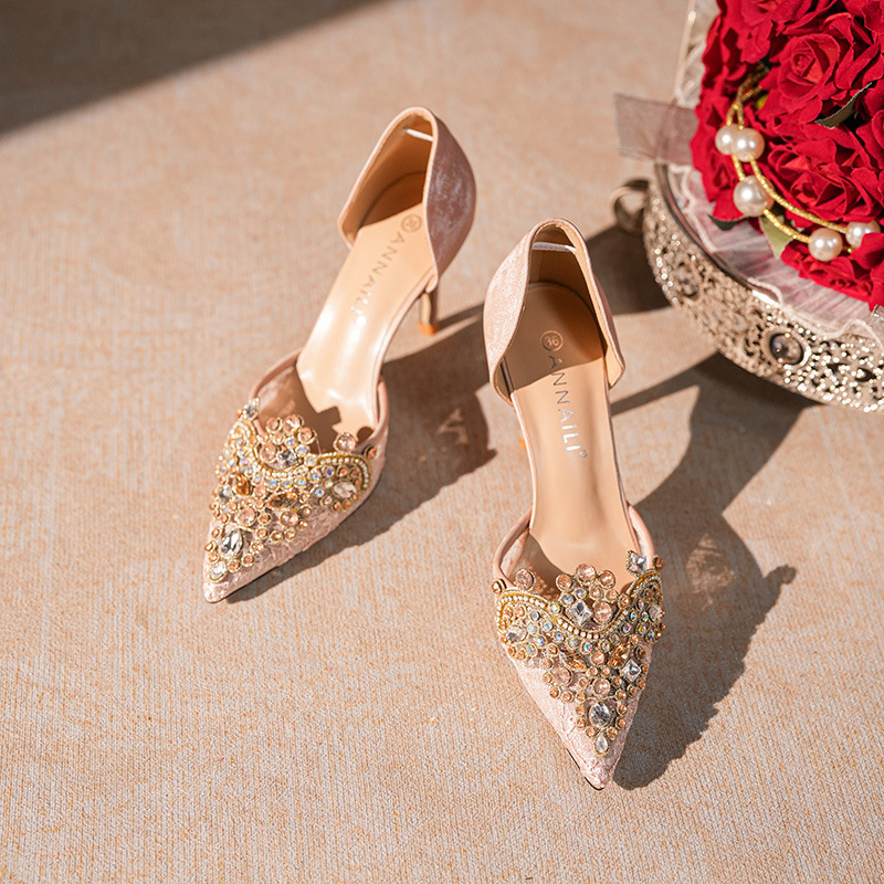 Women's Pink Bridesmaid High Heels Beaded Rhinestone Hollow Out Stiletto Banquet Shoes Early Spring Fashionable Single Shoes_voghion.com