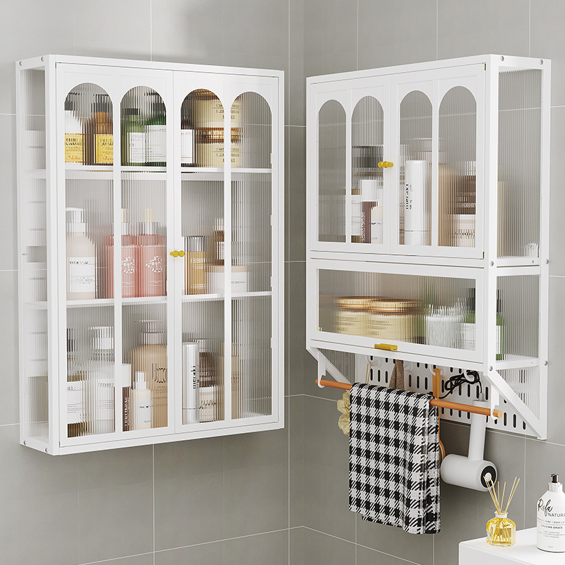 Bathroom Storage Wall-Mounted Cabinet with Flip-Up Door, Perforated Board, No-Drill Bathroom Toilet Shower Storage Rack