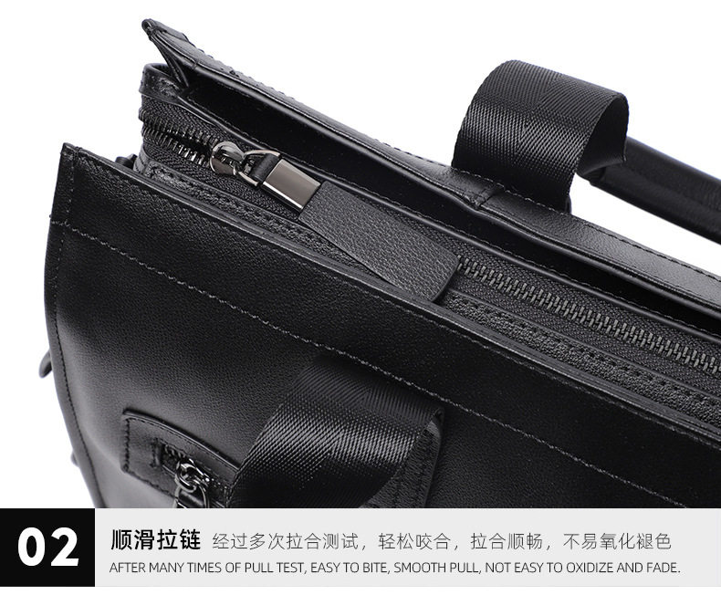 Túi xách tay nam da bò thật dung tích lớn 40×13×29 cm, đựng tài liệu và laptop 15,6 inch — Dây kéo dọc da bò màu đen, Dây kéo ngang da bò màu đen, Da cừu lớp đầu màu đen chi tiết 34