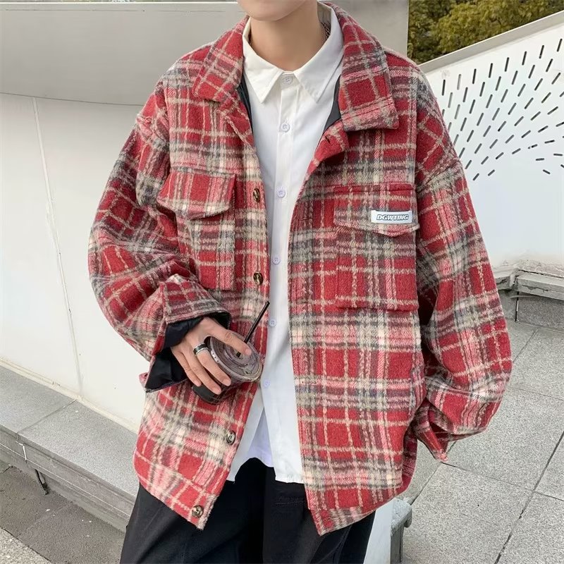 Men's Checkered Workwear Jacket Stylish Woolen Coat For Men_voghion.com