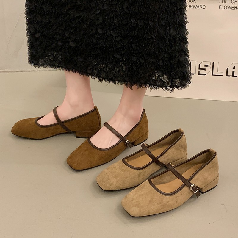 Demi-season elegant retro suede Mary Jane shoes square toe low-cut