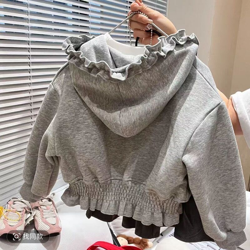 Children's Hooded Jacket Spring and Autumn 2026 Girls' Casual Zip-Up Hooded Sweatshirt with Lace Trim Waist-Cinching Miu-Style Short Cardigan
