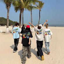 国潮牌字母椰树刺绣短袖t恤男女夏季新款美式复古宽松情侣上衣潮