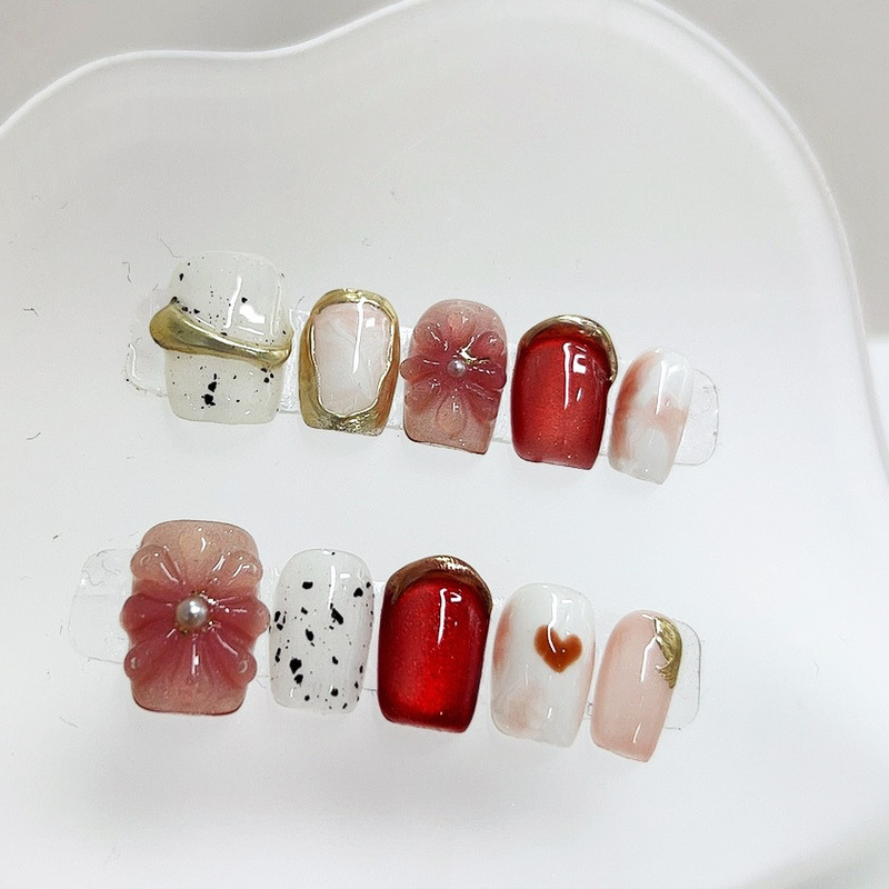 Handmade Wearable Nails, Pure Handmade Short Nail Pieces, Ice Flower Three-Dimensional Red Gradient, Fashionable and Elegant, Brightening Effect, Nail Art Stickers Handmade Wearable Nails, Pure Handmade Short Nail Pieces, Ice Flower Three-Dimensional Red Gradient, Fashionable and Elegant, Brightening Effect, Nail Art Stickers