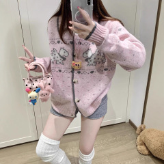温柔慵懒风费尔岛小狗印花毛衣外套女2025年新款软糯宽松针织开衫