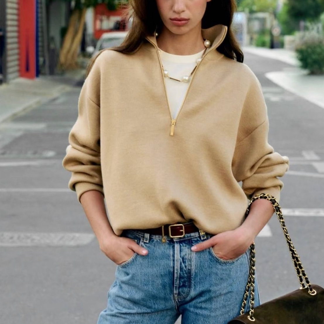 Chanel-style 26 Fall/Winter New Half-Zip Knit Sweater, Lazy Style Long-Sleeve Half-Turtleneck Wool Sweater for Women