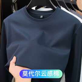 高端莫代尔凉感长袖T恤男春秋高级感纯色柔滑打底衫宽松上衣