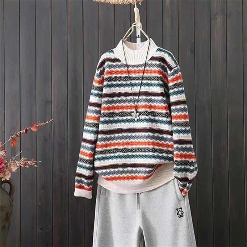 Half Turtleneck Striped Sweater for Women, Autumn and Winter 2025 Knit Base Shirt, Loose Outerwear Top for Women