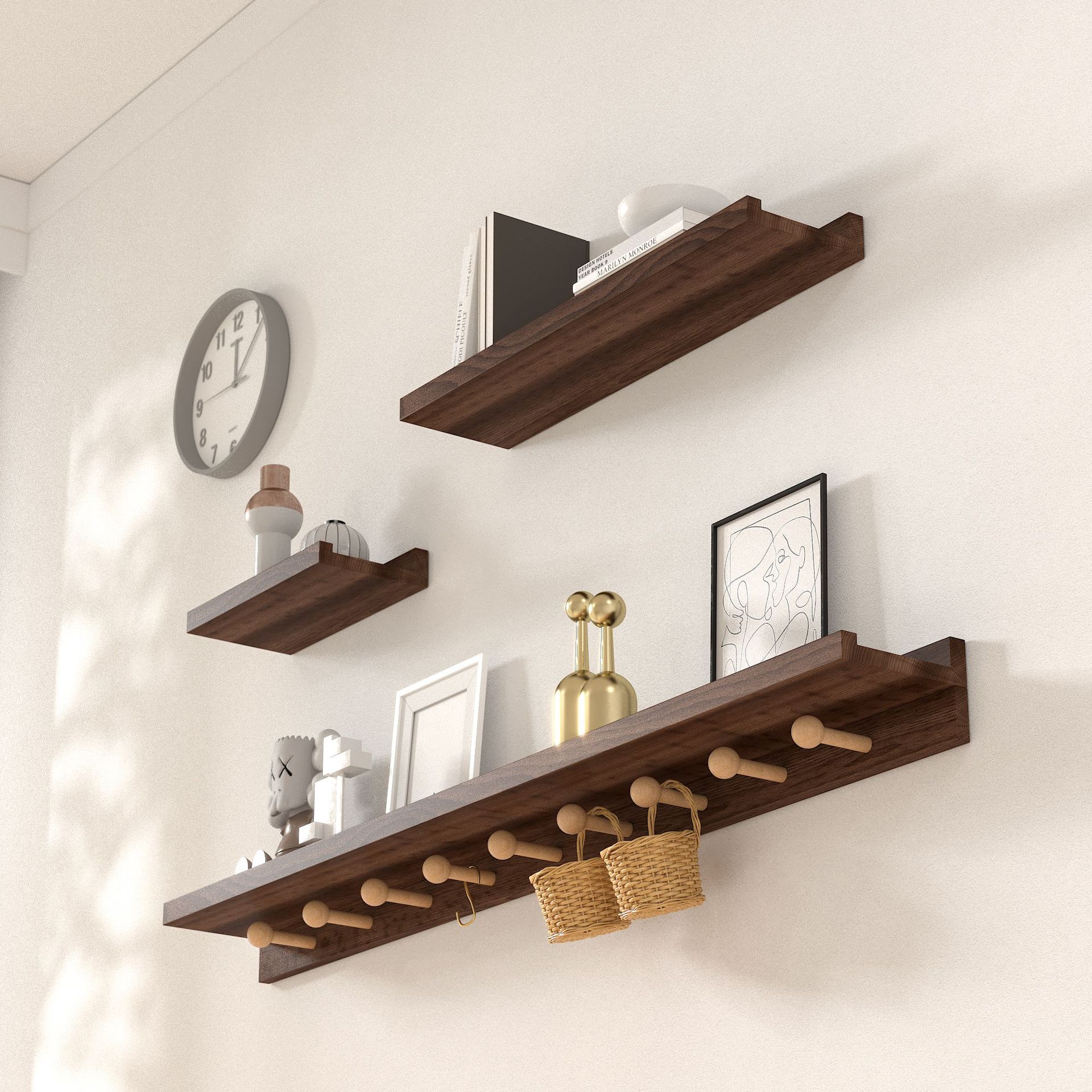 Estante de pared simple nórdico con gancho de fila de hongos madera maciza tablero de una palabra estante de palo perforable