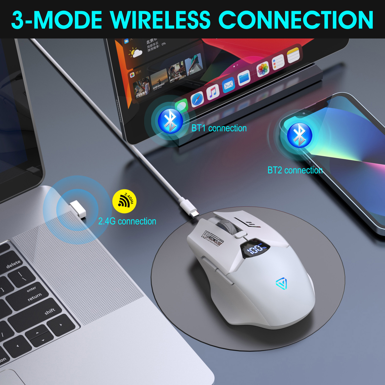 Wireless Bluetooth Dual-Mode-Maus mit Ladefunktion, leise, Gaming, intelligente Bildschirmanzeige, Computer-Monitor-Maus für grenzüberschreitenden Handel