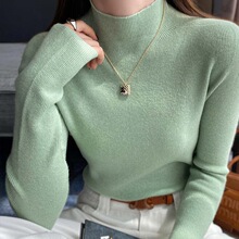 绿色羊绒半高领打底衫女内搭2025秋冬新款高级感毛衣针织修身上衣