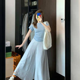 茶歇法式慵懒风淡蓝色修身显瘦针织短袖宽松阔腿裤裤裙两件套1900