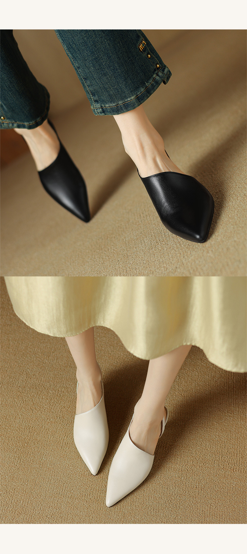 Giày sandal cao gót nữ mũi nhọn kiểu Pháp, da bò thật, gót mèo, hở mũi hở lưng — đen chi tiết 9