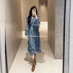 フランスの花柄ブルーカラードレスレディース春ハイエンド新作シャツスカートライト大人スタイルロイヤルシースカート
