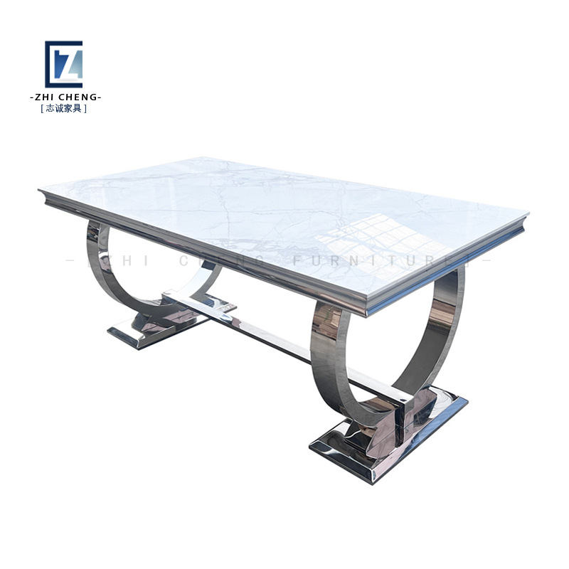 Mesa de boda para exteriores con tablero ovalado de vidrio dorado y acero inoxidable, mesa de comedor combinada para alquiler de banquetes integrada