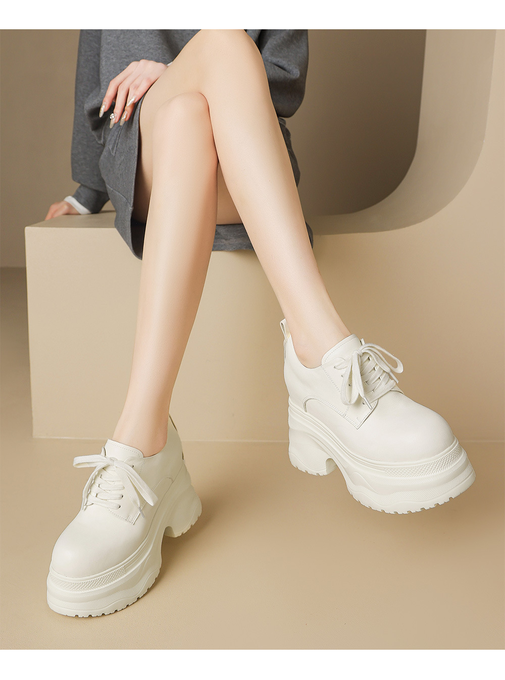 Giày sneaker nữ chunky đế dày phối màu mùa thu 2025, da bò thật, tăng chiều cao 12cm, buộc dây — Màu đen, Màu xám trắng, Màu trắng chi tiết 12