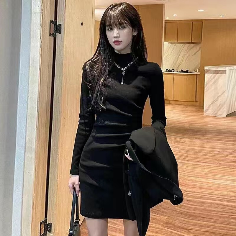 De velvet dress women's autumn and winter underwear short skirt elegant skirt half turtleneck long sleeve slim slimming sheath skirt