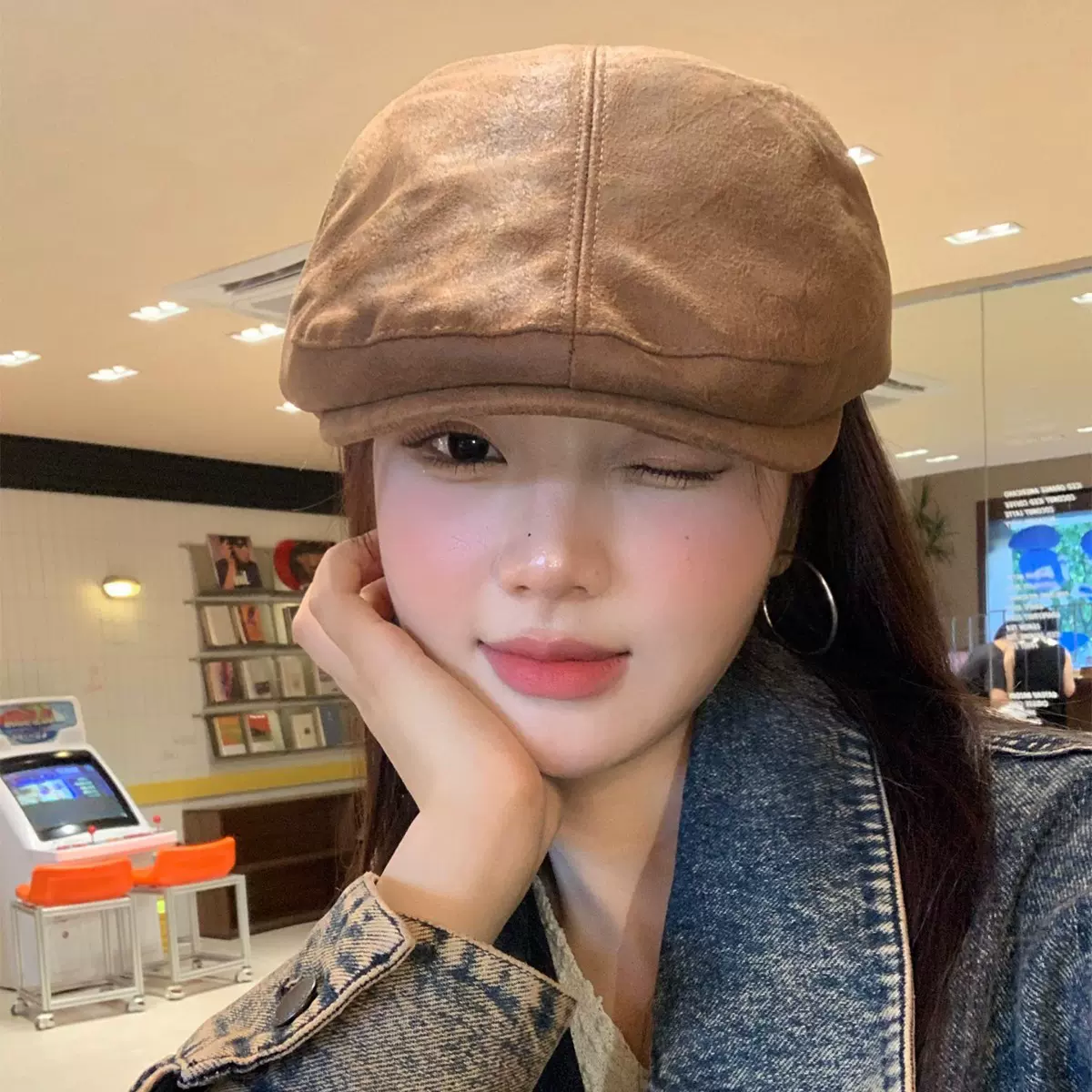 美式复古pu皮质前进帽女时尚休闲反戴报童帽大头围显脸小贝雷帽子