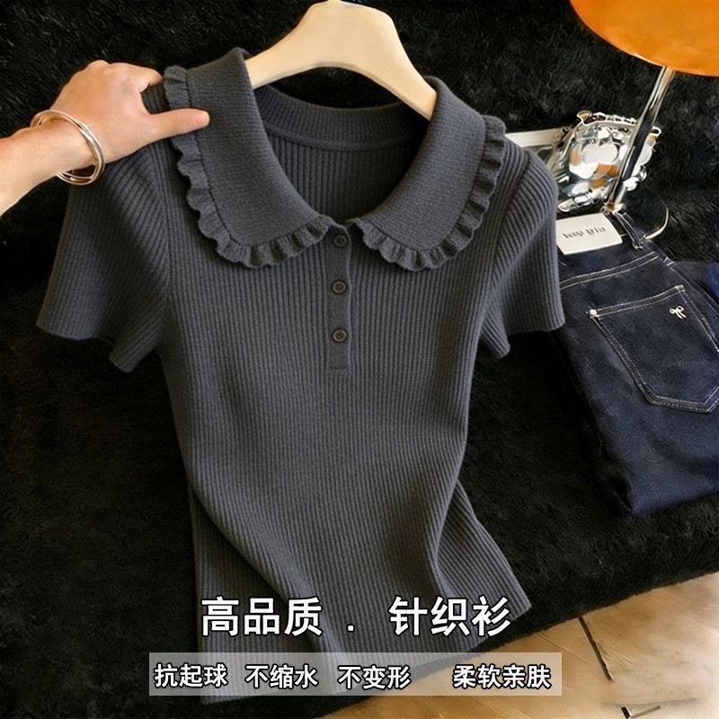Áo thun cổ búp bê tay ngắn dệt kim nữ form rộng mùa hè — 9336 # Xám [Vải] chi tiết 5