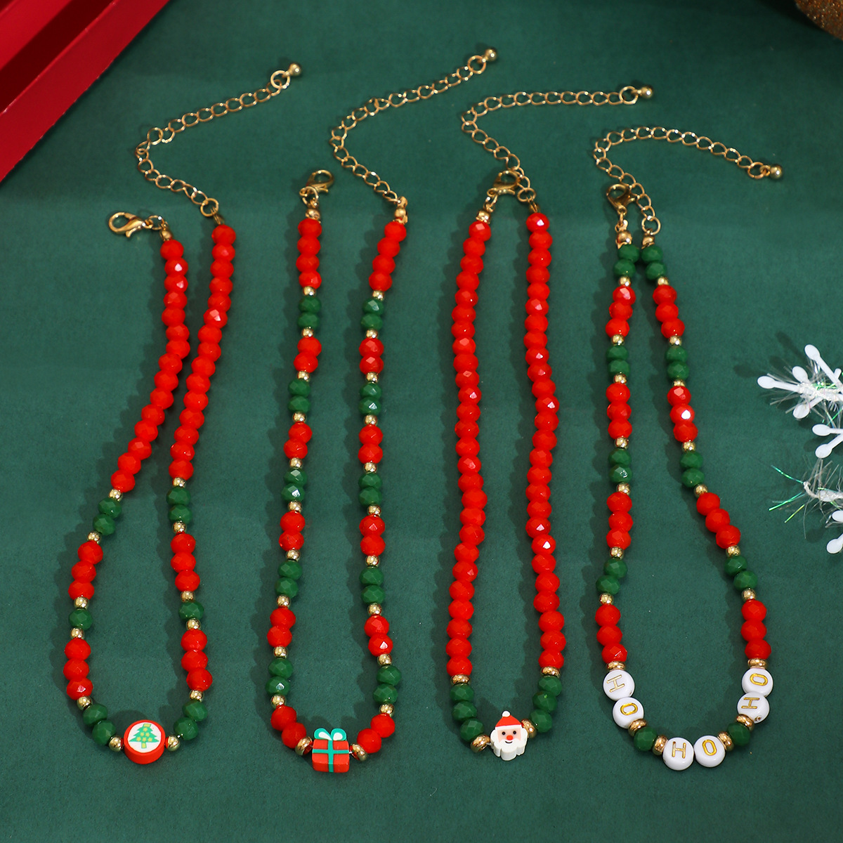Christmas Beaded Choker Necklace With Crystal Snowman Charms_voghion.com