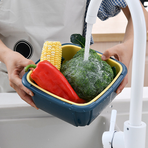 Double-layer vegetable washing basket with drainage lid, dustproof, portable fruit plate, refrigerator, kitchen vegetable preservation box, storage box