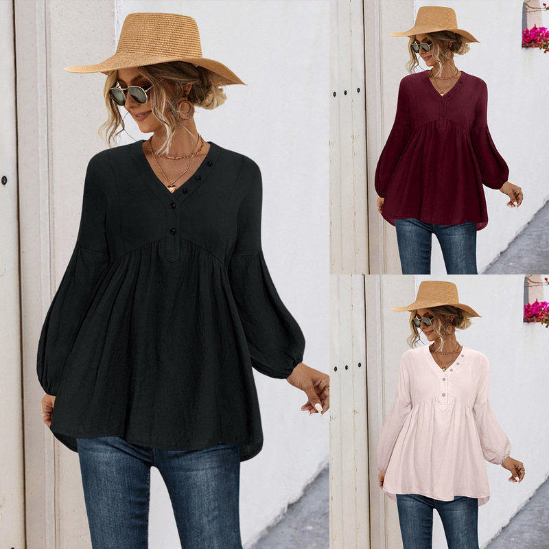 2022 Spring New Amazon Independent Station Hot Solid Color V-Neck Button Doll Shirt Loose Casual Top Women