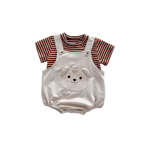 Baby Korean style ins style summer short-sleeved hoodie, newborn male and female baby cartoon sling one-piece crawling suit