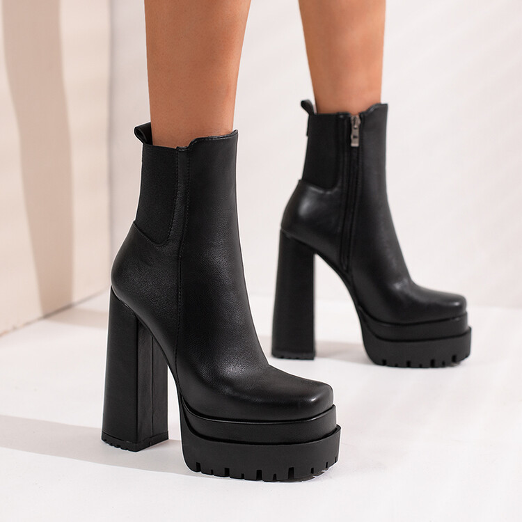 【Pre-sale | Ships In 15 Days】Women's Ankle Boots With Square Head And High Heel With Double Platform Back Elastic Side Zipper_voghion.com
