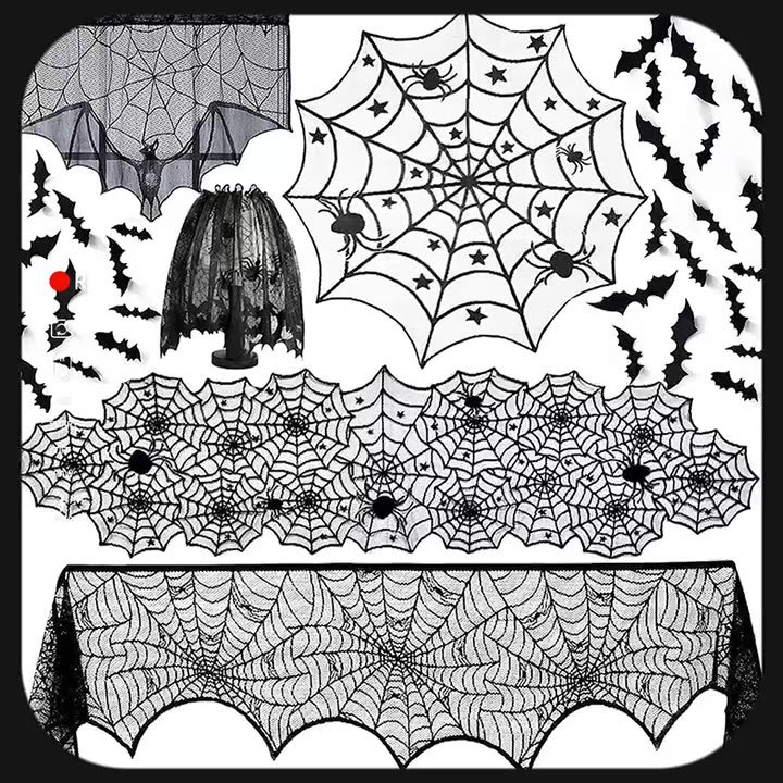 Toalla de mesa de Halloween telaraña toalla de chimenea de encaje telaraña bat tabla bandera de pantalla de lámpara de decoración de Halloween