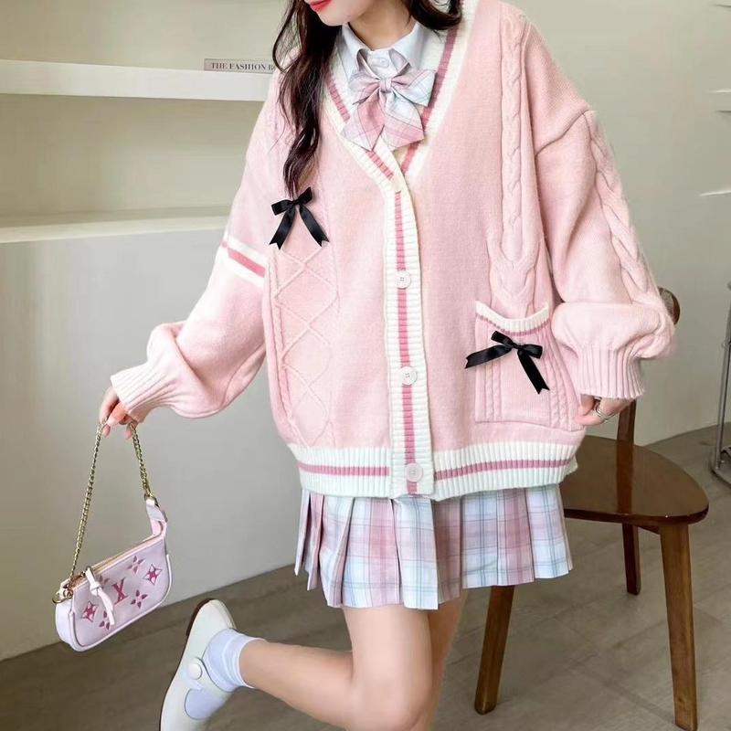 秋冬粉色甜美蝴蝶结麻花撞色V领学院风毛衣外套女韩版宽松慵懒风|undefined