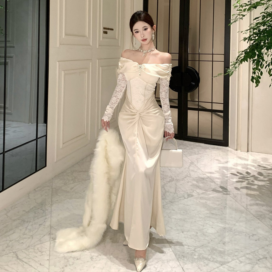 8728 European and American Cross-Border Export Women's Clothing Celebrity One-Shoulder Lace Splicing Evening Dress Skirt Waist Fishtail Dress