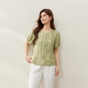 [French Lace Hem Fashionable Versatile Round Neck Shirt] Slim Show Plus Size Women's Clothing Fat mm 2025 Summer New Style