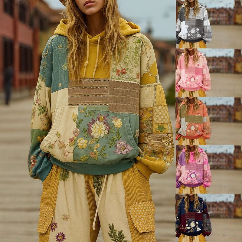 2025 Export Cross-Border New Women's Clothing Casual Hooded Long-Sleeved Pullover Regular Digital Printed Women's Sweatshirt