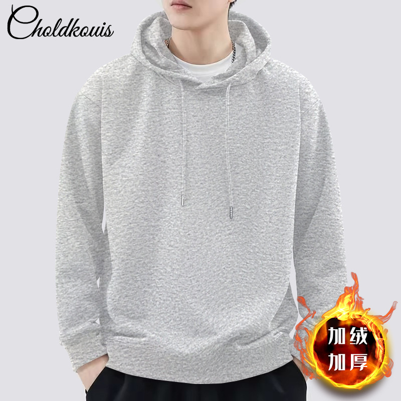 벨벳 스타일의 라이트 그레이 후드 스웨트셔츠 - 솔리드 컬러 [GL]