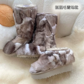 时尚高档狐狸毛雪地靴女秋冬保暖加厚加绒高帮女靴厚底纯羊毛女靴