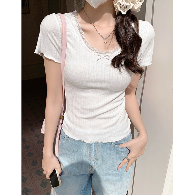Ballet-Style Pure Desire Lace Trim U-Neck T-Shirt for Women, 2026 Summer New Vintage Short-Sleeve Rolled-Edge Base Shirt Top