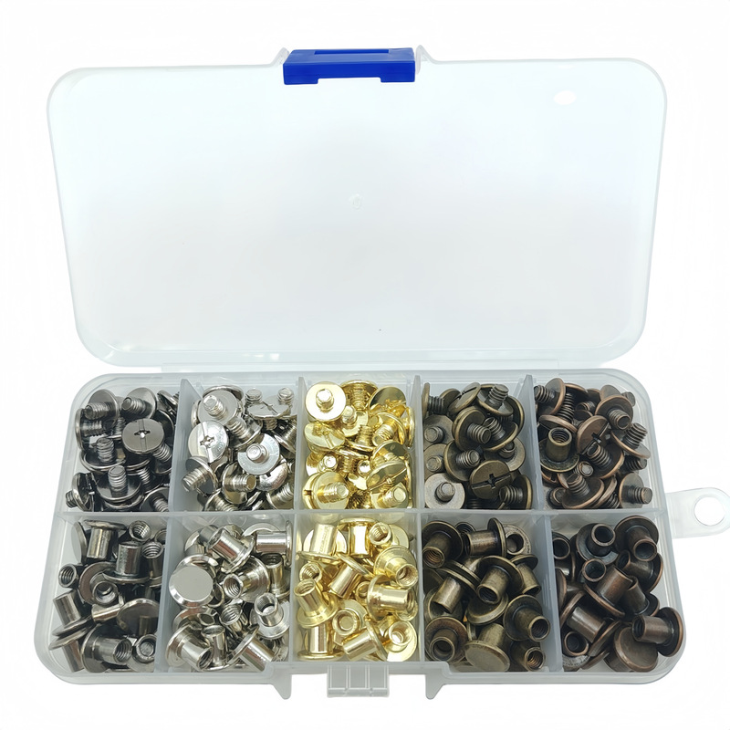 In-Stock Multi-Color Ledger Book Fasteners, Eleven-Piece Set of Locking Screws, Flat Rivets, Flat Head Nails, Tool Set In-Stock Multi-Color Ledger Book Fasteners, Eleven-Piece Set of Locking Screws, Flat Rivets, Flat Head Nails, Tool Set