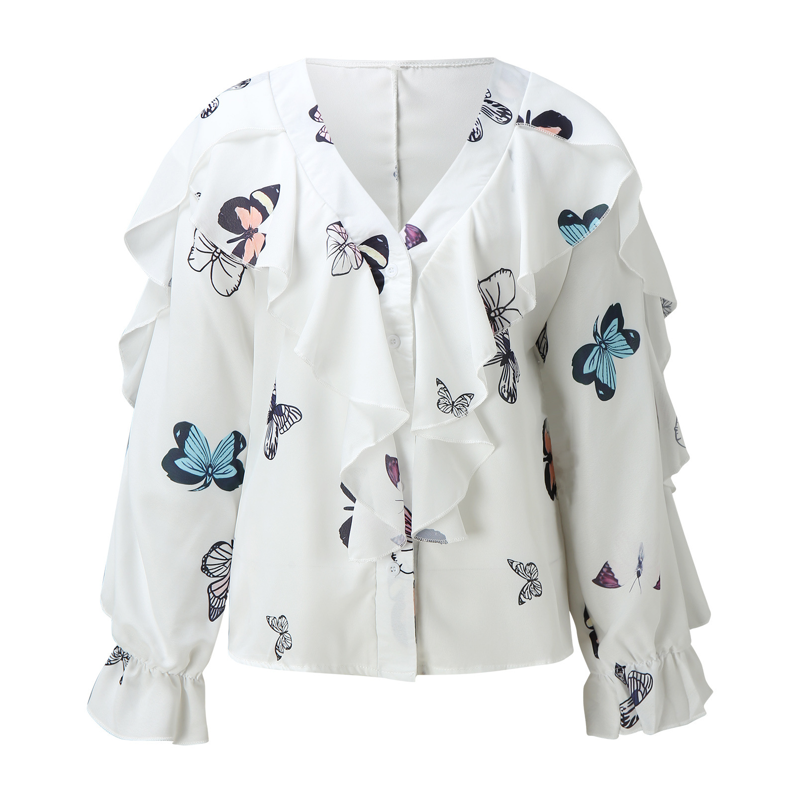 238g Weight Long Sleeve Sleeve Length Regular Sleeve Sleeve Type Chiffon Fabric Type Regular Top Length Blouse Tops Type Daily Occasion V Neck Neckline Loose Fit Type Printing, Butterfly Pattern Summer, Spring, Autumn Season Women's Gender Elegant Style Wholesale Women's Elegant Printing Butterfly Long Sleeve Blouses 2