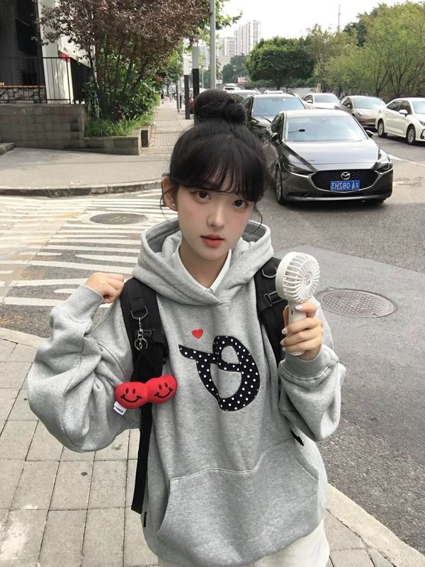 美式简约字母贴布刺绣灰色卫衣女2025秋冬季新款连帽宽松情侣外套|undefined