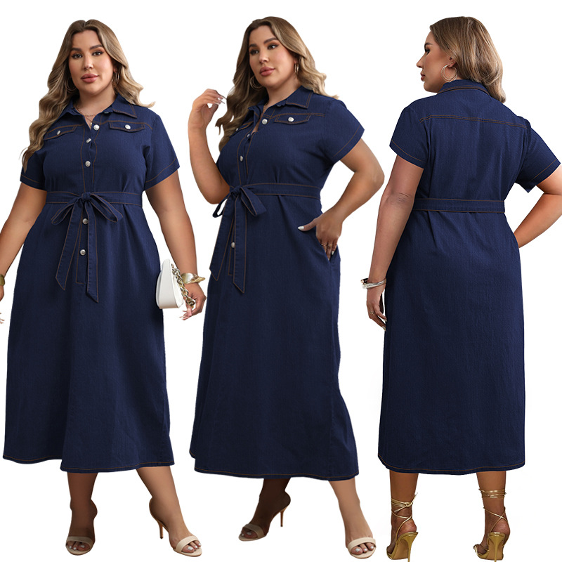 Jeans-Wickelkleid in großen Größen mit Gürtel, mittellang, Dreiviertelärmel, schmeichelhafte A-Linien-Schnitt, marineblau_voghion.com