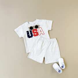 两件套夏季婴幼童欧美风格USA美国印花短袖短裤套装跨境爆款
