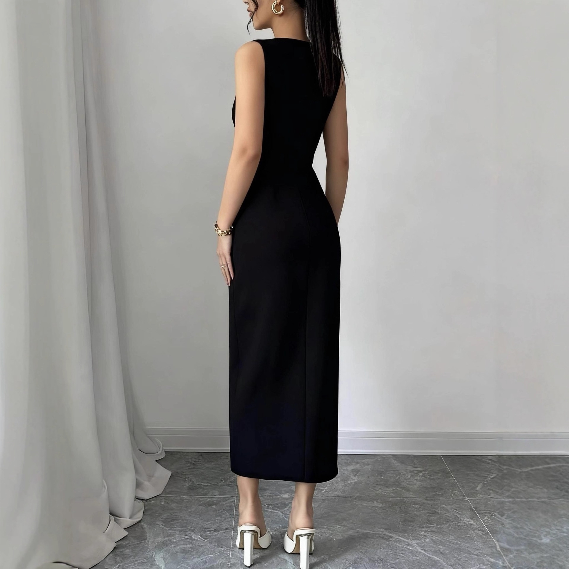 Elegant Knit Maxi Dress With High Slit – Stretchy Bodycon Long Dress For Women (Black, S-XL)_ecoleips.com