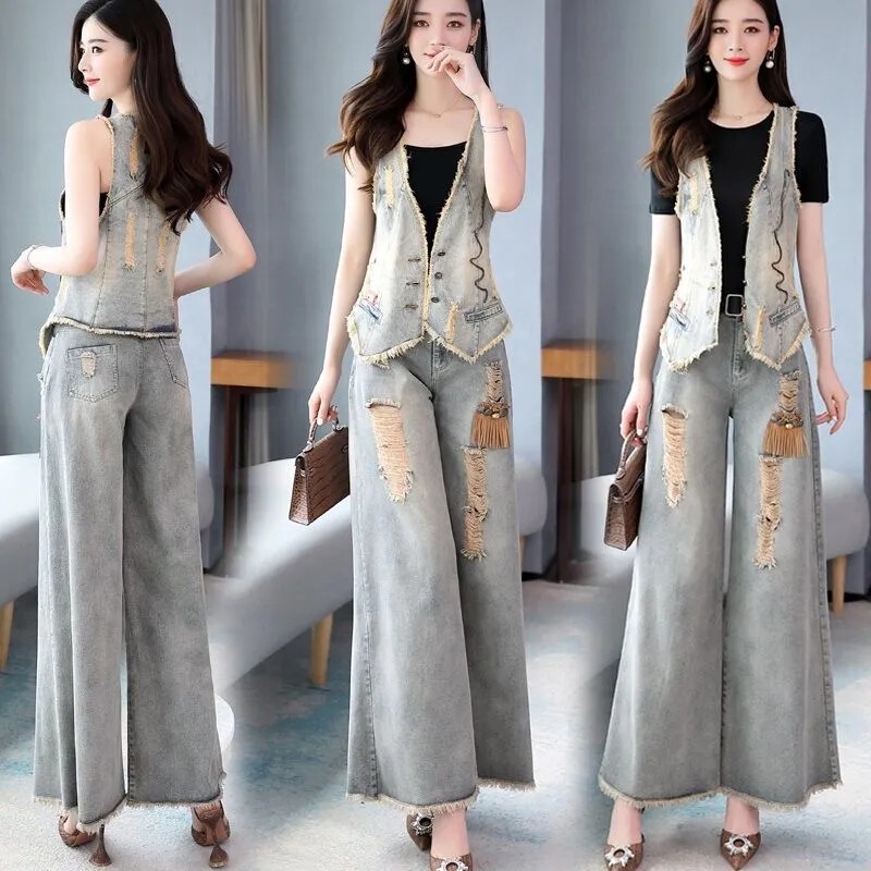2022 Spring New Women's Casual Fashion Women's Denim Wide Leg Pants Two-Piece Western Style Age-Reducing suit Summer Tide