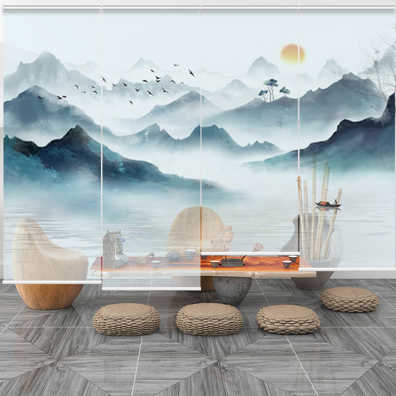 New Chinese landscape painting hallway partition shading shutter wholesale light luxury tea room Zen sunshade electric screen curtain