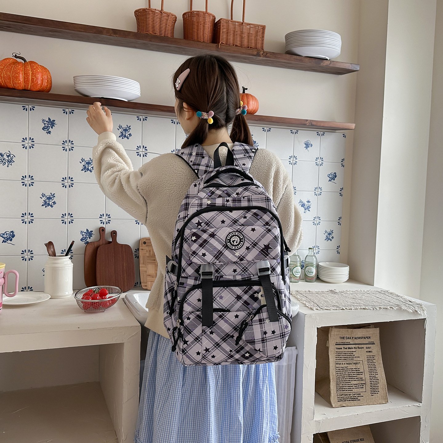 Escuela secundaria de alta estrella impresa mochila para mujeres estilo coreano mochila para estudiantes de la escuela secundaria de la escuela secundaria de la escuela secundaria