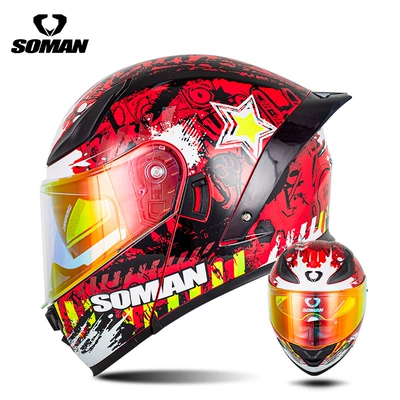 Motosiklet kaskı (dəbilqə) Motorcycle Helmets for Men, F2 - black-and-red-star-fire-with-transparent-revo-red-s