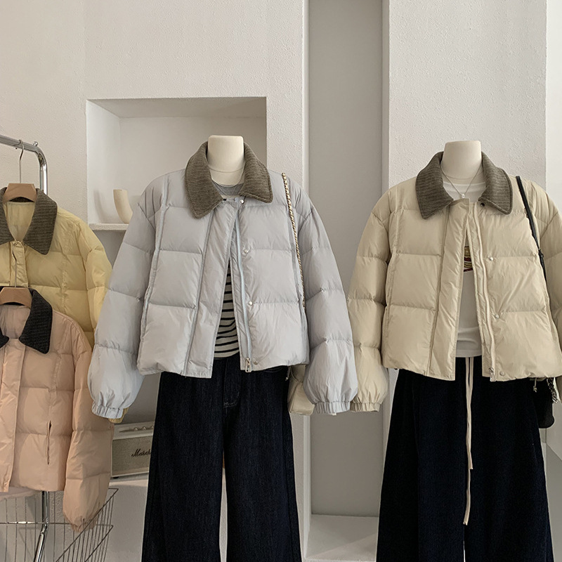 欧玛莱 灯芯绒翻领羽绒服女加厚保暖外套时尚韩版长袖面包服 5226